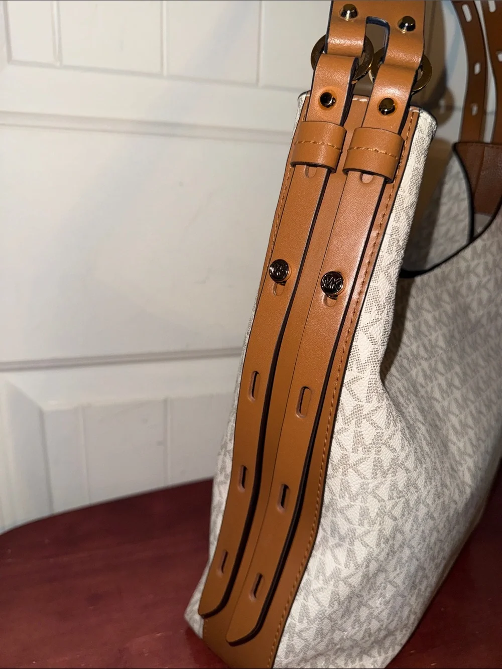 Michael Kors Signature MK Logo Canvas Shoulder Bag in Beige and Tan